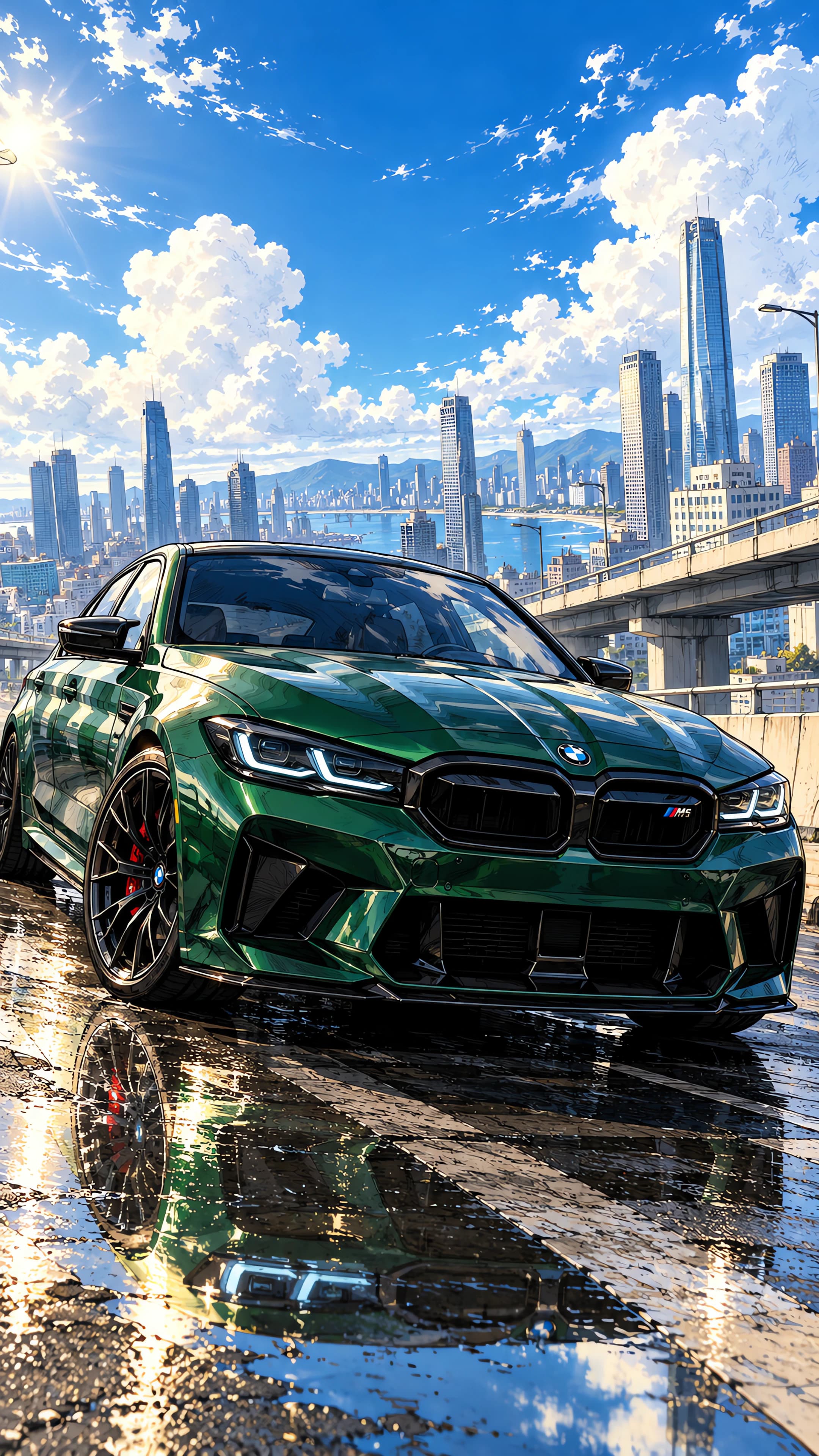 Anime phone wallpaper of a green BMW M5 on a wet reflective city overpass in bright morning sun with a skyline behind