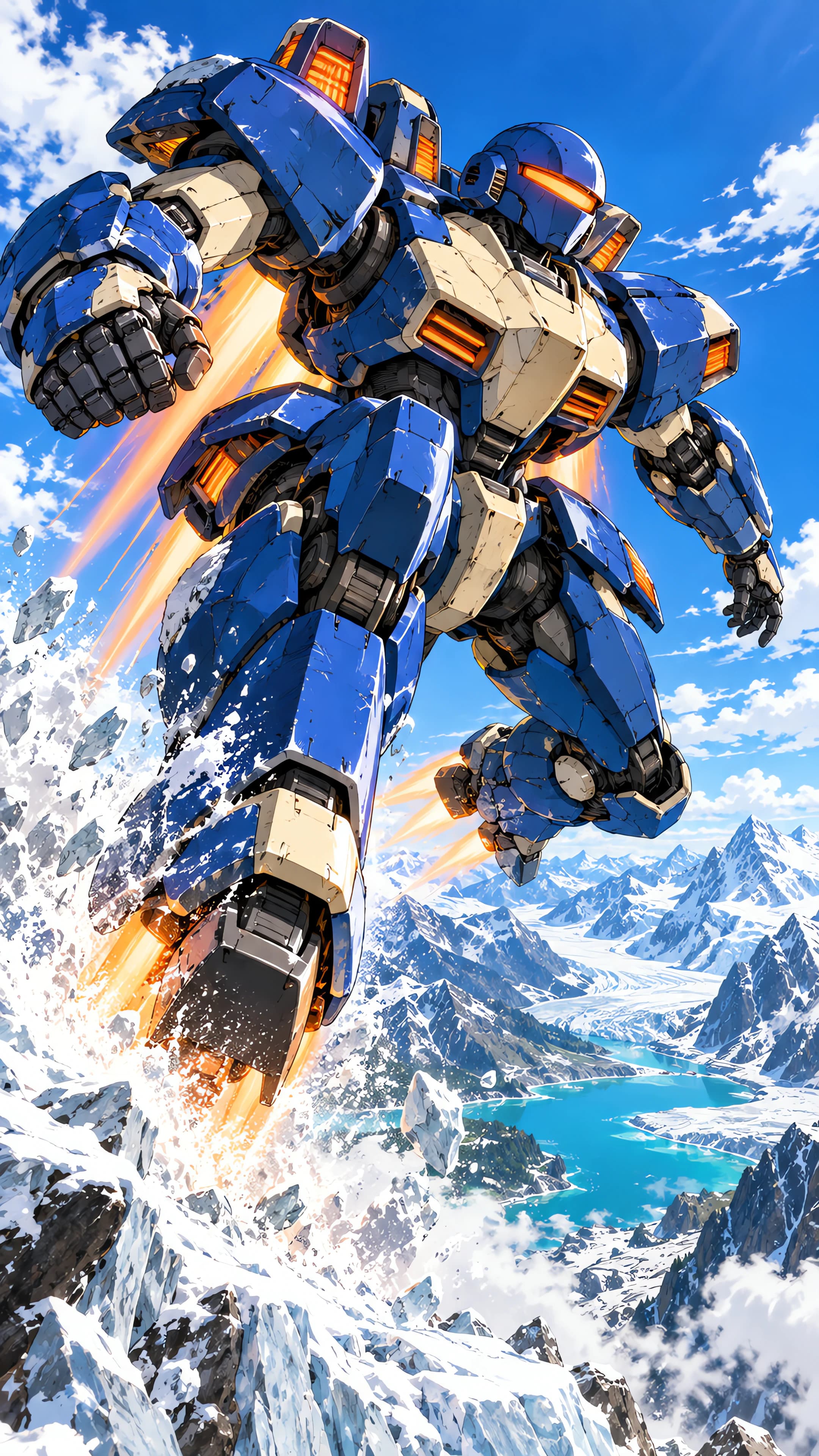 Anime phone wallpaper of a cobalt and cream mecha leaping off an icy ridge above a glacier valley, orange thrusters blazing