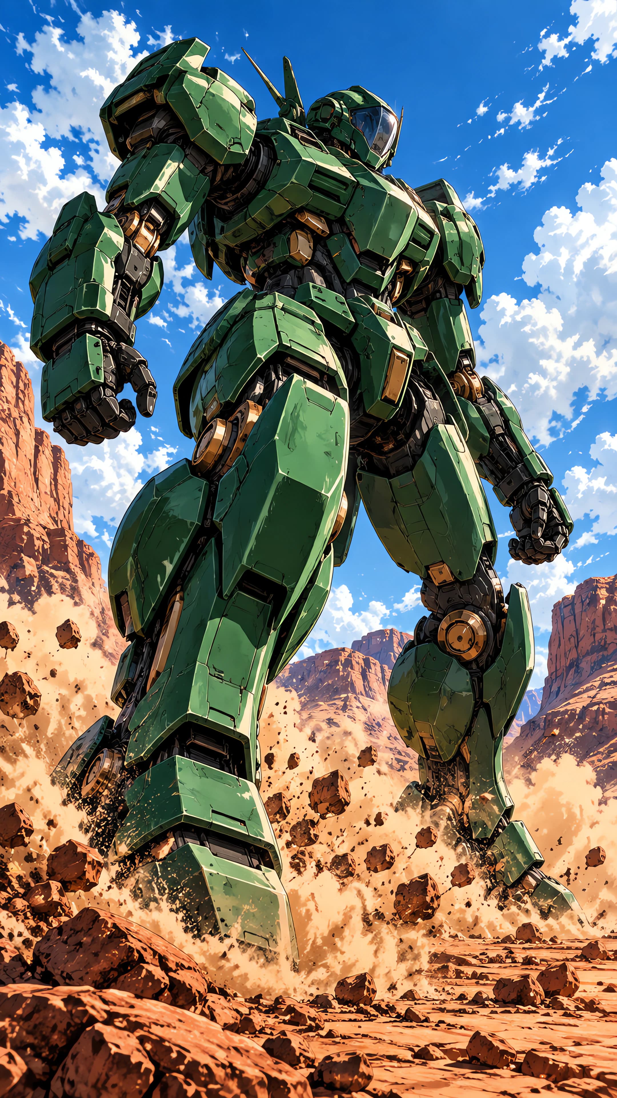 Anime phone wallpaper of an emerald and bronze mecha stomping into a red-rock desert canyon, sand and rocks flying