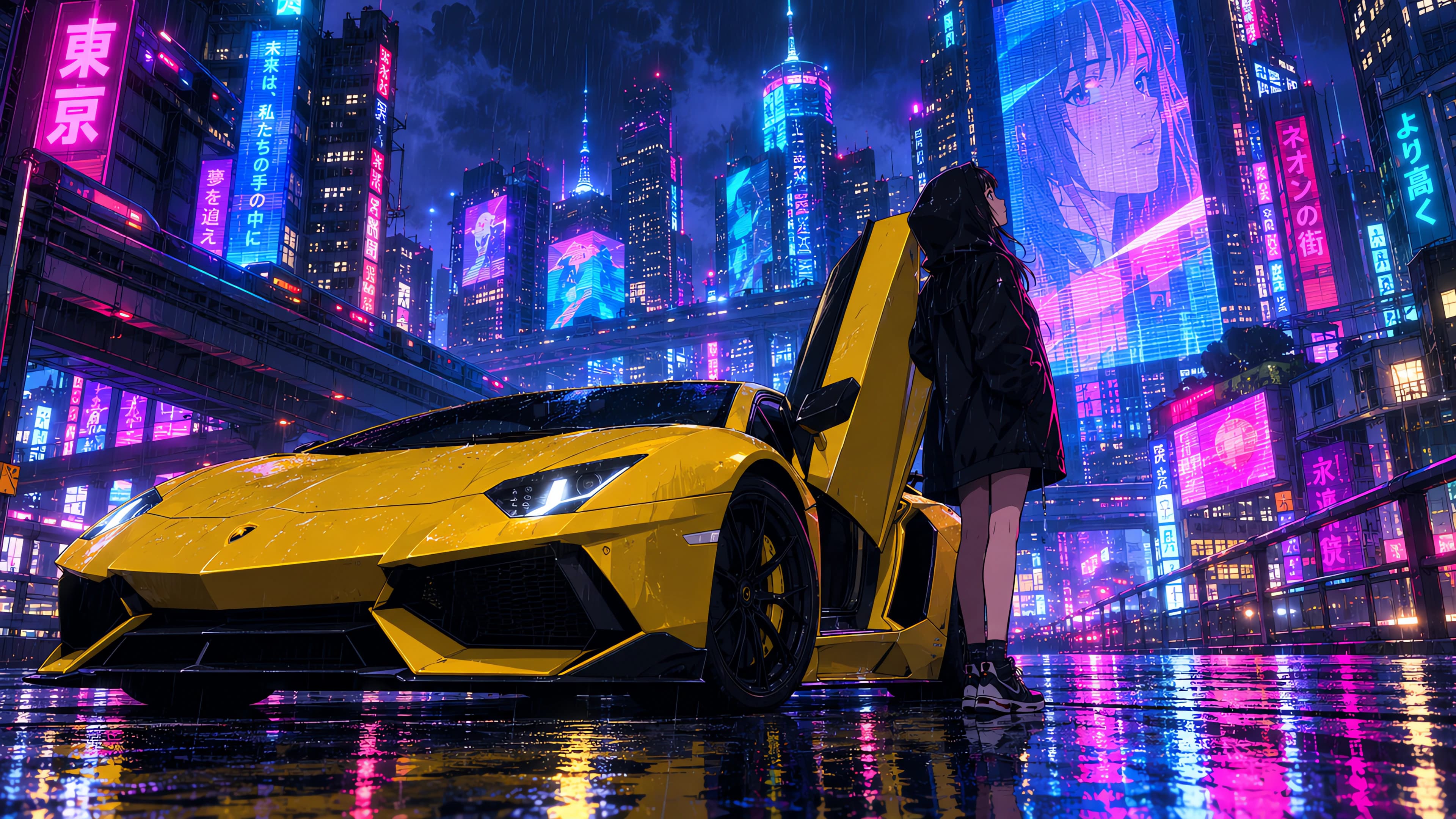 Anime desktop wallpaper of a woman in a black raincoat beside a yellow Lamborghini Aventador on a rainy Tokyo street at night