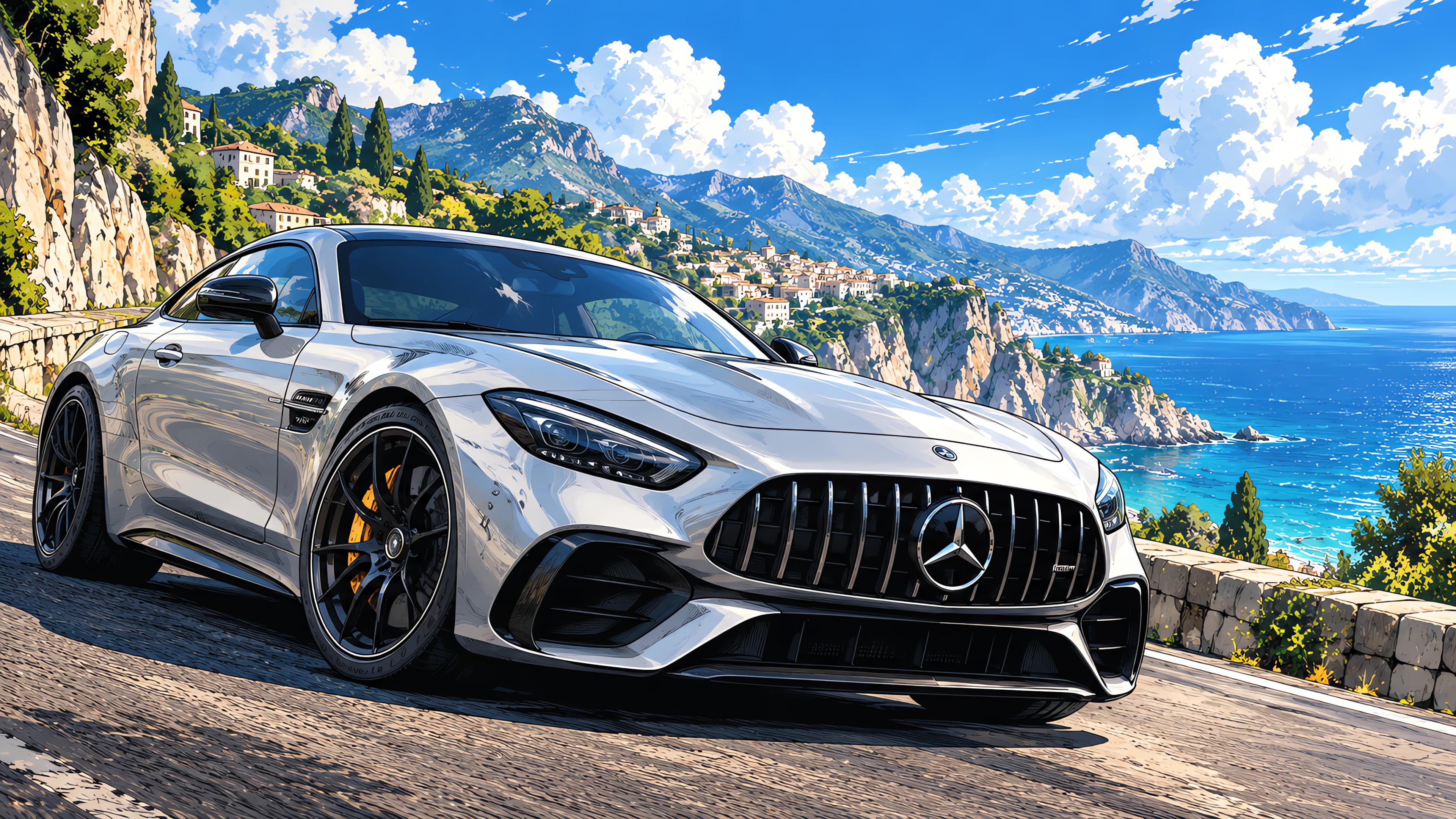 Anime desktop wallpaper of a silver Mercedes-AMG GT 63 on a coastal cliff road above a blue sea and a hillside town