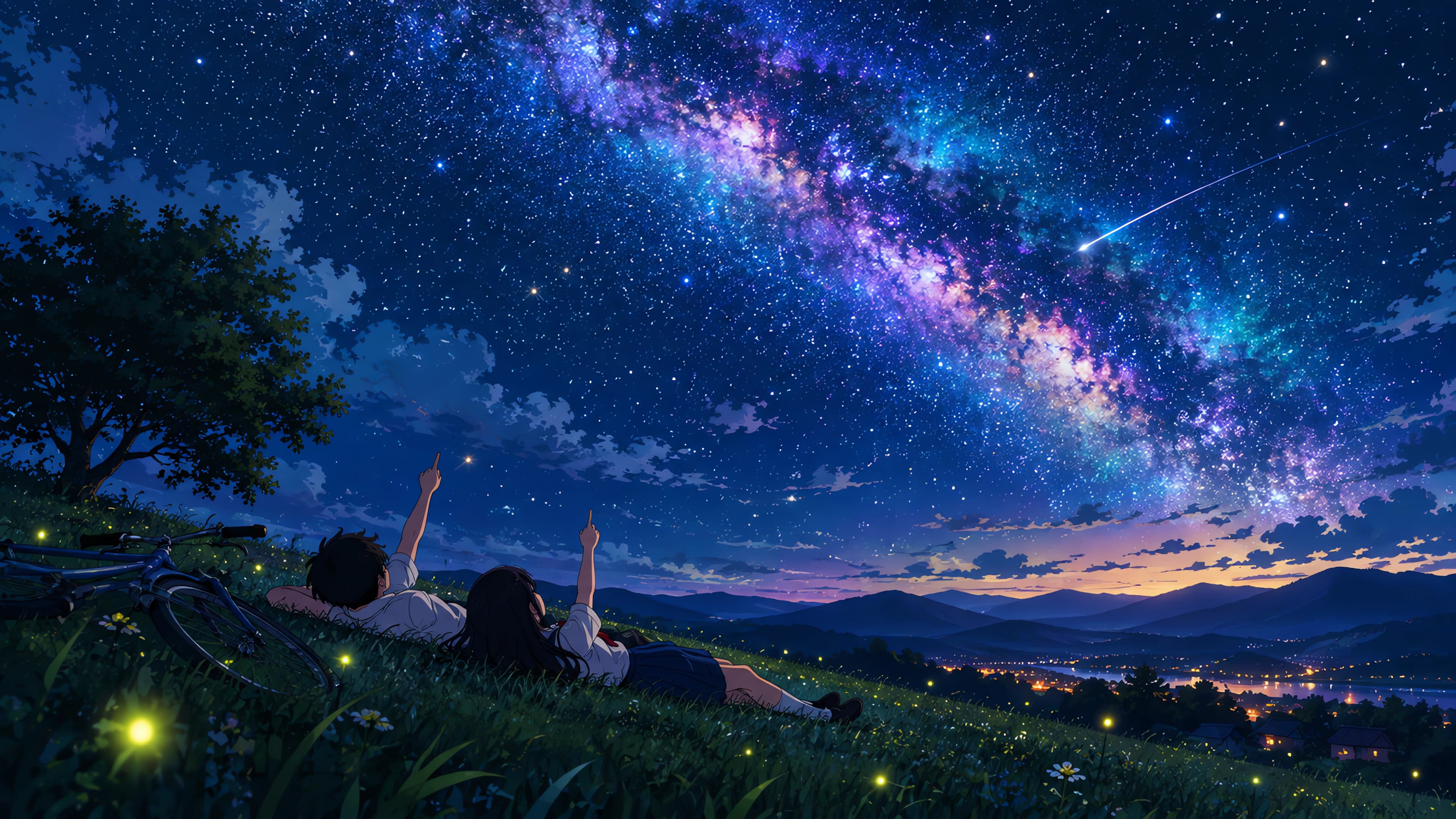 Anime desktop wallpaper of a boy and girl on a grassy hilltop pointing at a purple Milky Way and a shooting star
