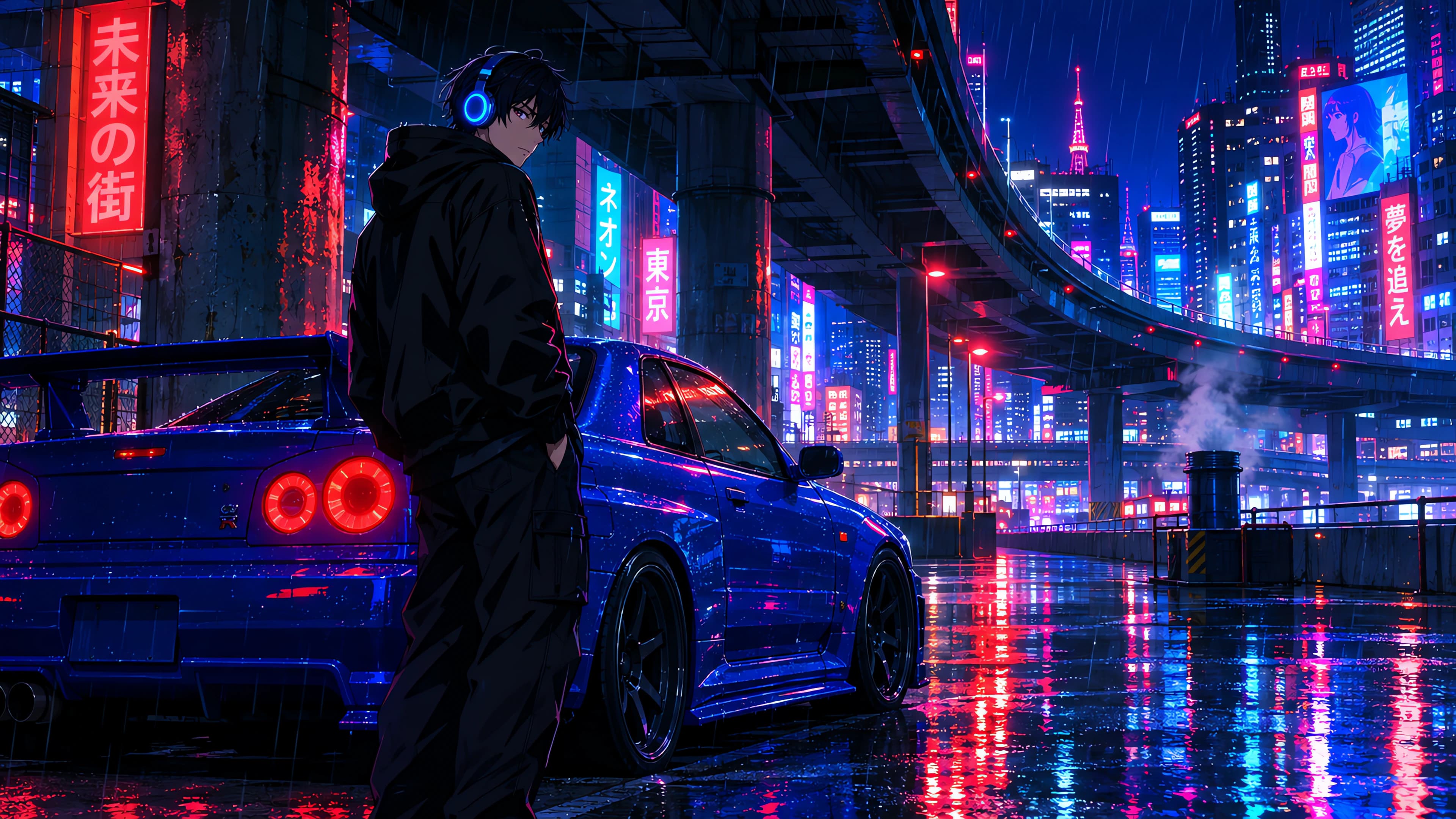 Anime desktop wallpaper of a young man in a black hoodie beside a blue Nissan Skyline R34 in rainy Tokyo at night