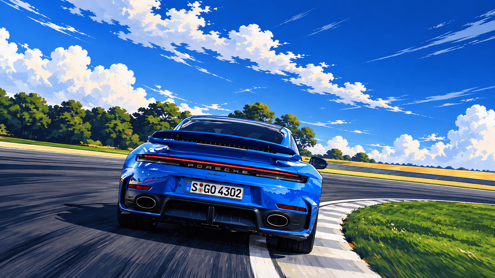 Anime illustration of a blue Porsche 911 Turbo from behind, driving on a racetrack under a bright blue sky