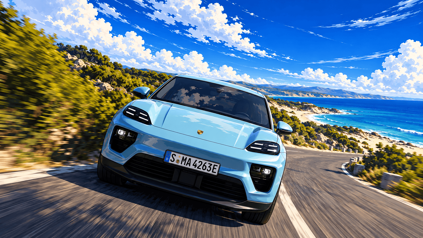 Anime illustration of a pale blue Porsche Macan driving toward the viewer on a coastal road with the sea behind it