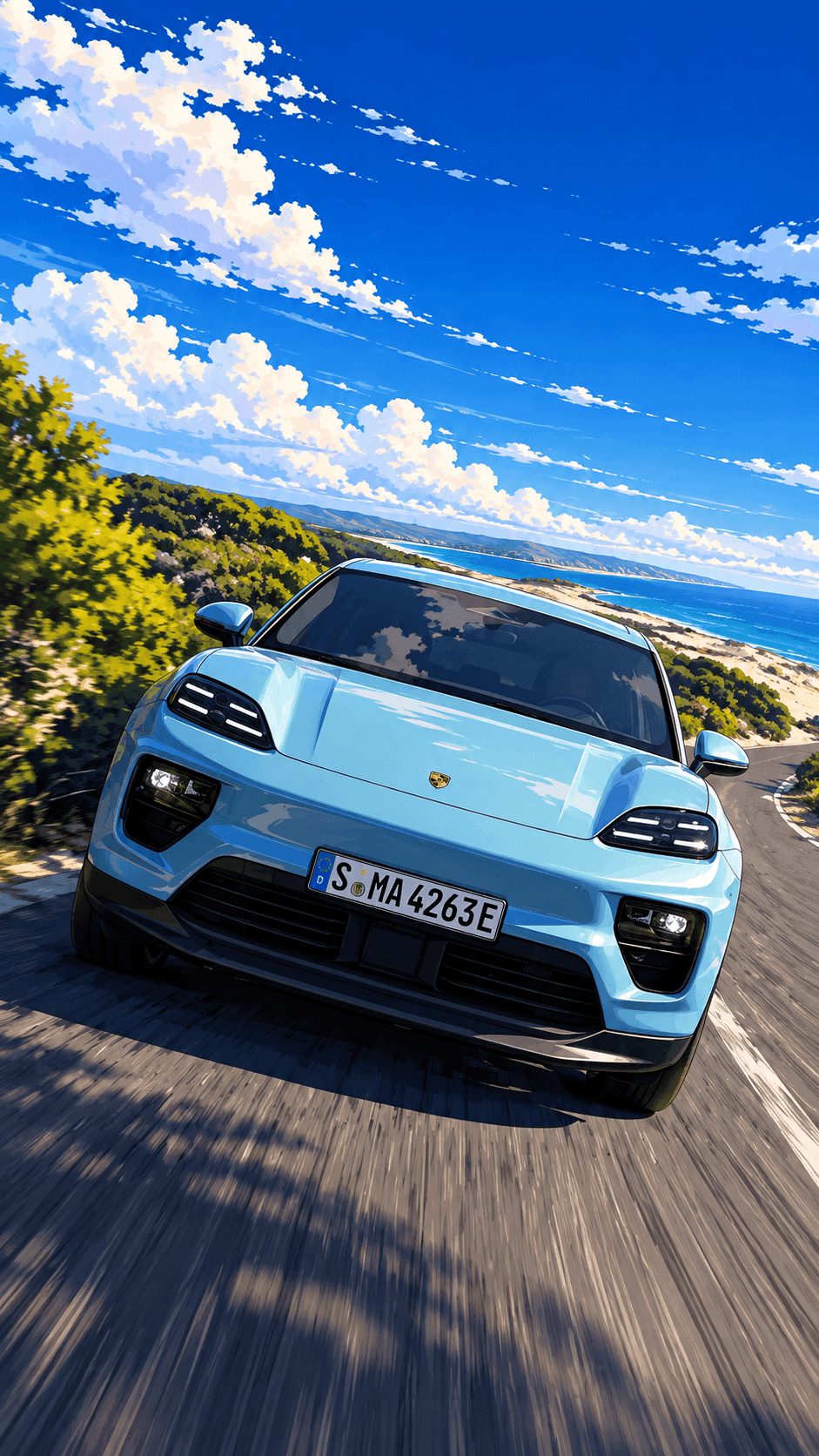 Vertical anime illustration of a pale blue Porsche Macan on a coastal road, close on the front of the car