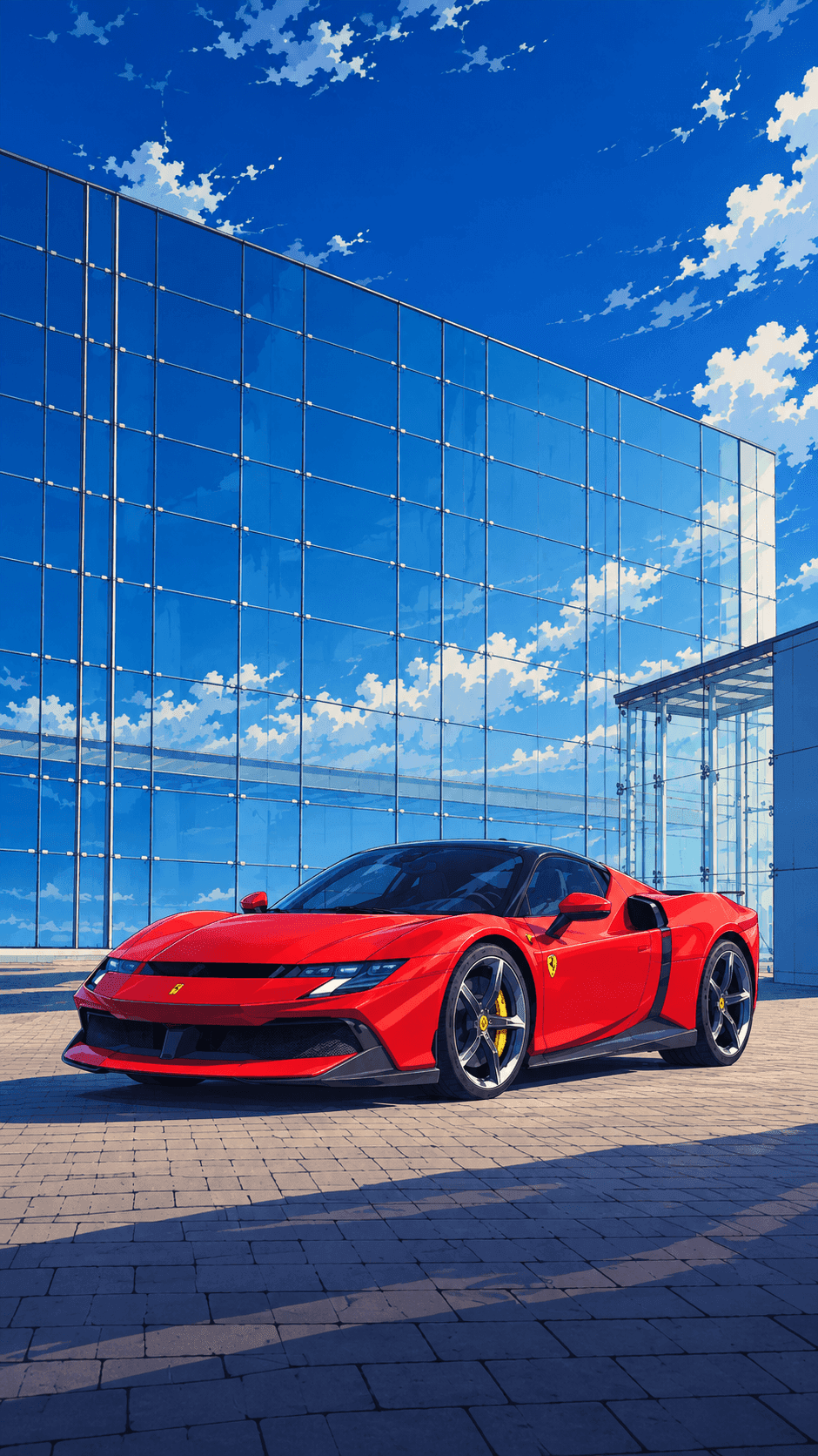 Anime illustration of a red Ferrari parked on a brick plaza in front of a glass building reflecting blue sky and clouds