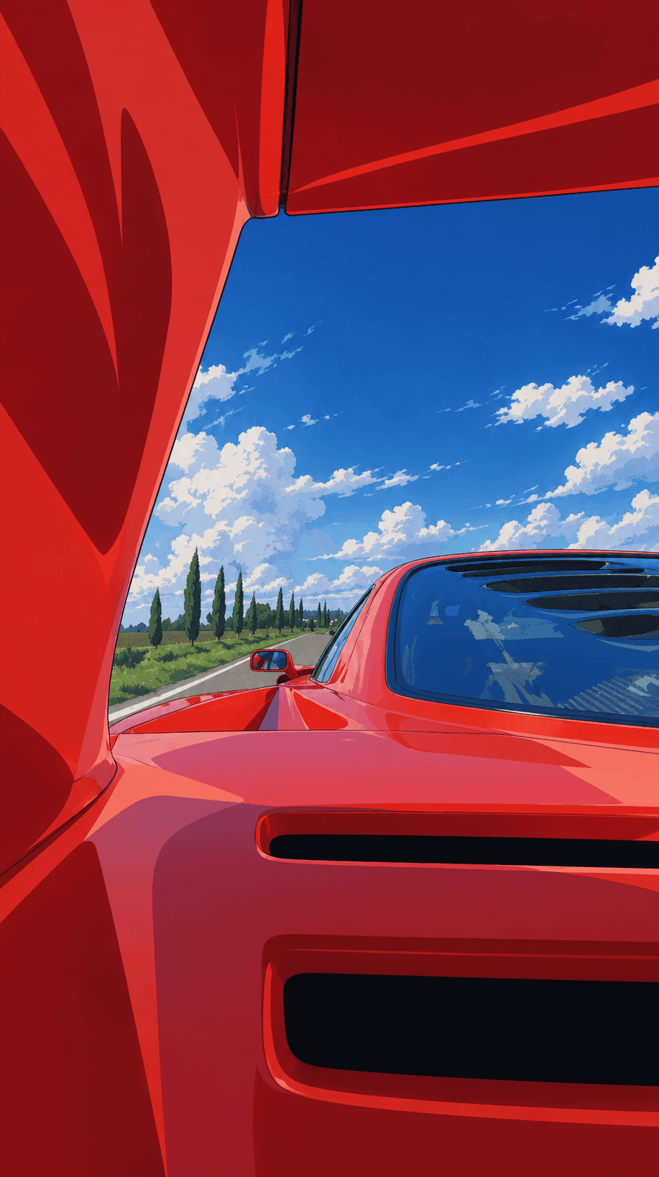 Anime illustration looking over the red rear deck of a mid-engine supercar toward a country road lined with cypress trees