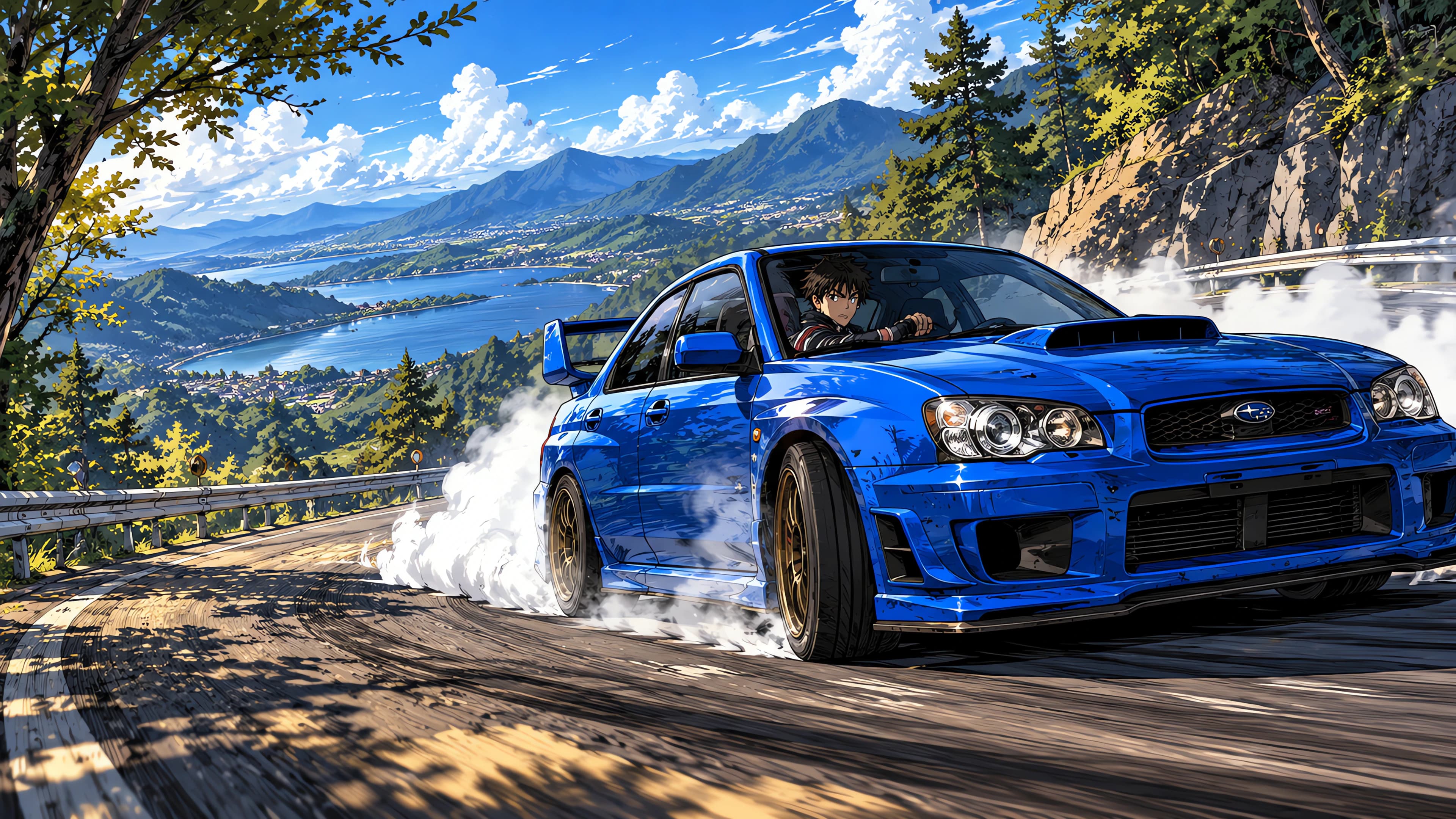 Anime desktop wallpaper of a blue Subaru WRX STI drifting a mountain hairpin on a bright morning, throwing white tyre smoke