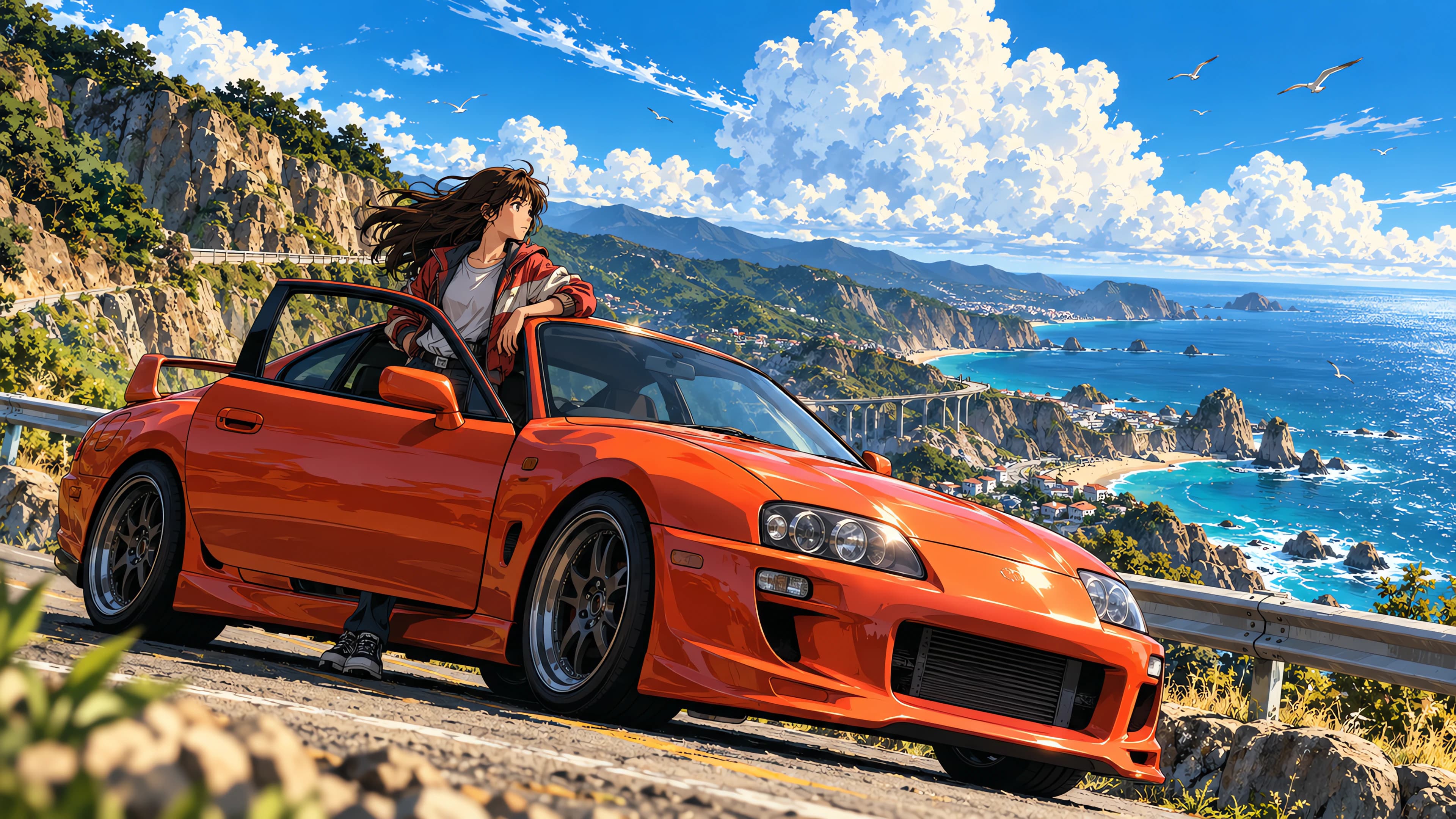 Anime desktop wallpaper of an orange Toyota Supra MK4 on a sunny coastal cliff, a girl in a red jacket leaning out