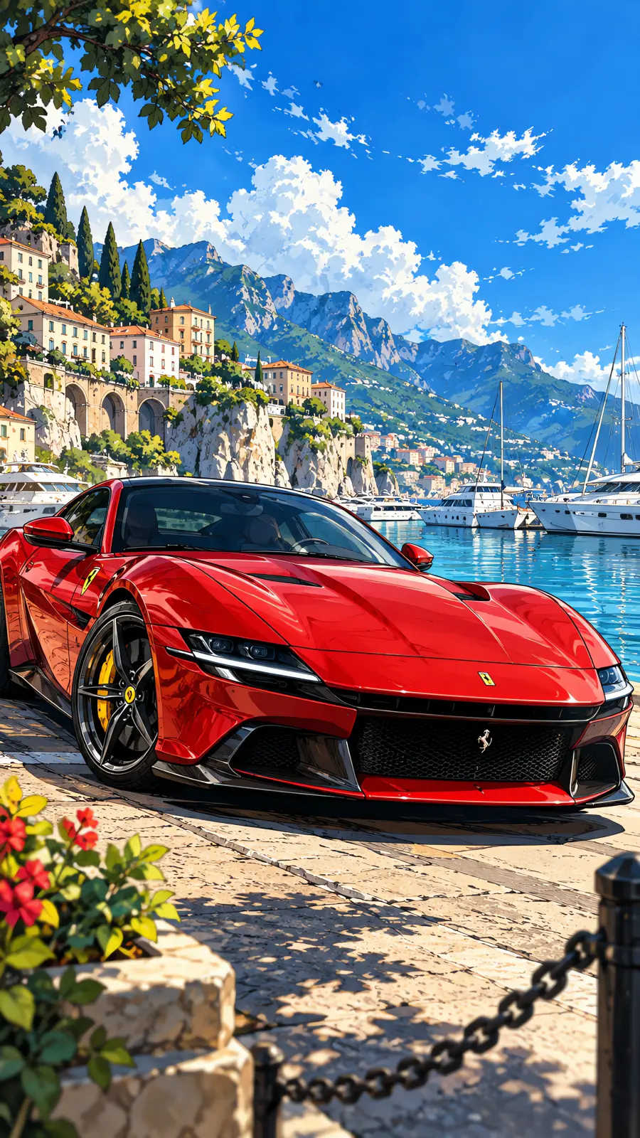 Anime phone wallpaper of a red Ferrari 12Cilindri parked on a sunny marina quay with yachts and a cliffside town