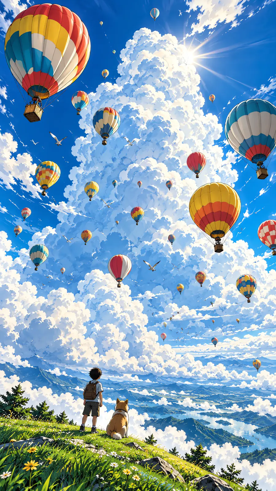 Anime illustration of colourful hot air balloons rising past a giant white cloud tower, a boy and dog watching