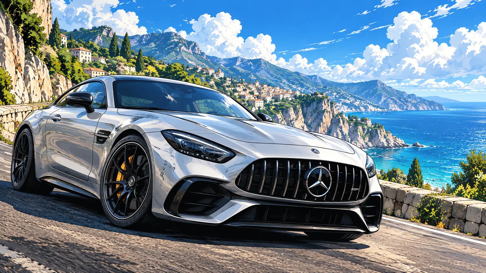 Anime desktop wallpaper of a silver Mercedes-AMG GT 63 on a coastal cliff road above a blue sea and a hillside town