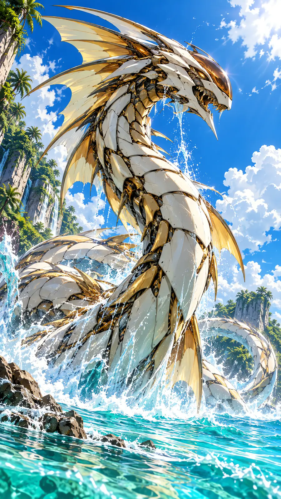 Anime phone wallpaper of a pearl-white and gold serpent-dragon mecha bursting from a turquoise tropical lagoon