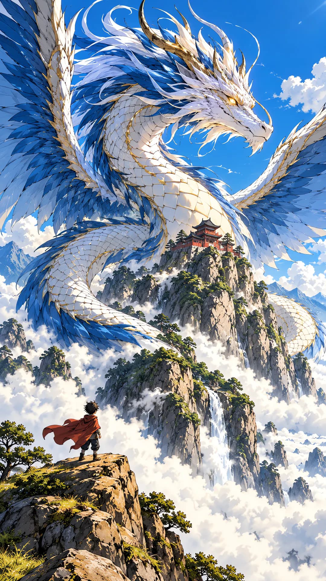 Anime illustration of a pearl-white feathered dragon coiled around a mountain with a red temple