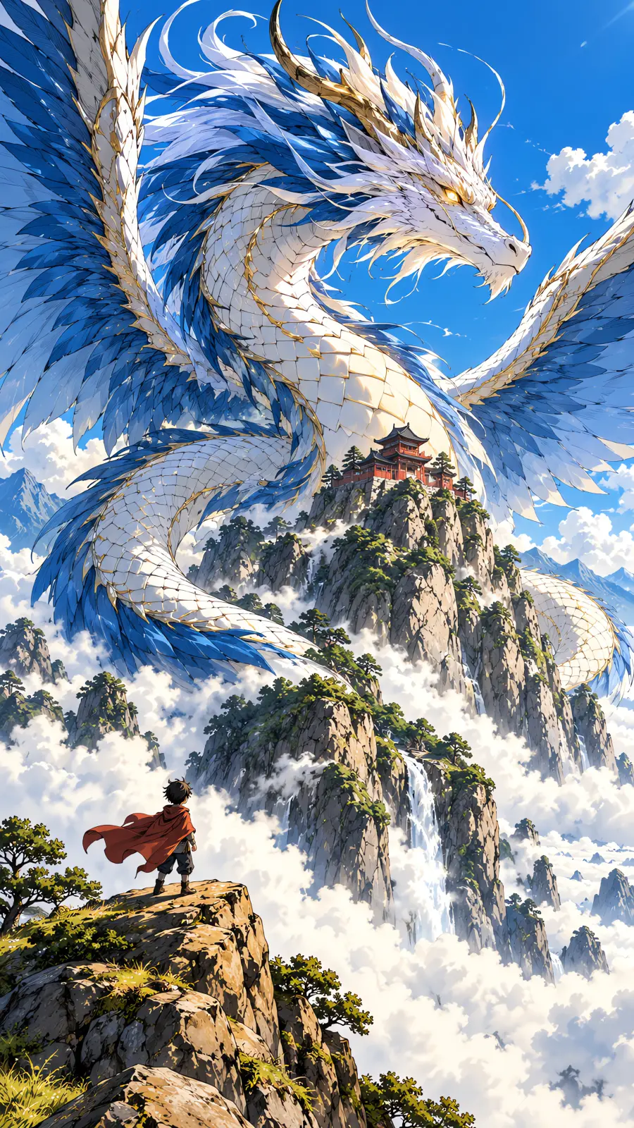 Anime illustration of a pearl-white feathered dragon coiled around a mountain with a red temple