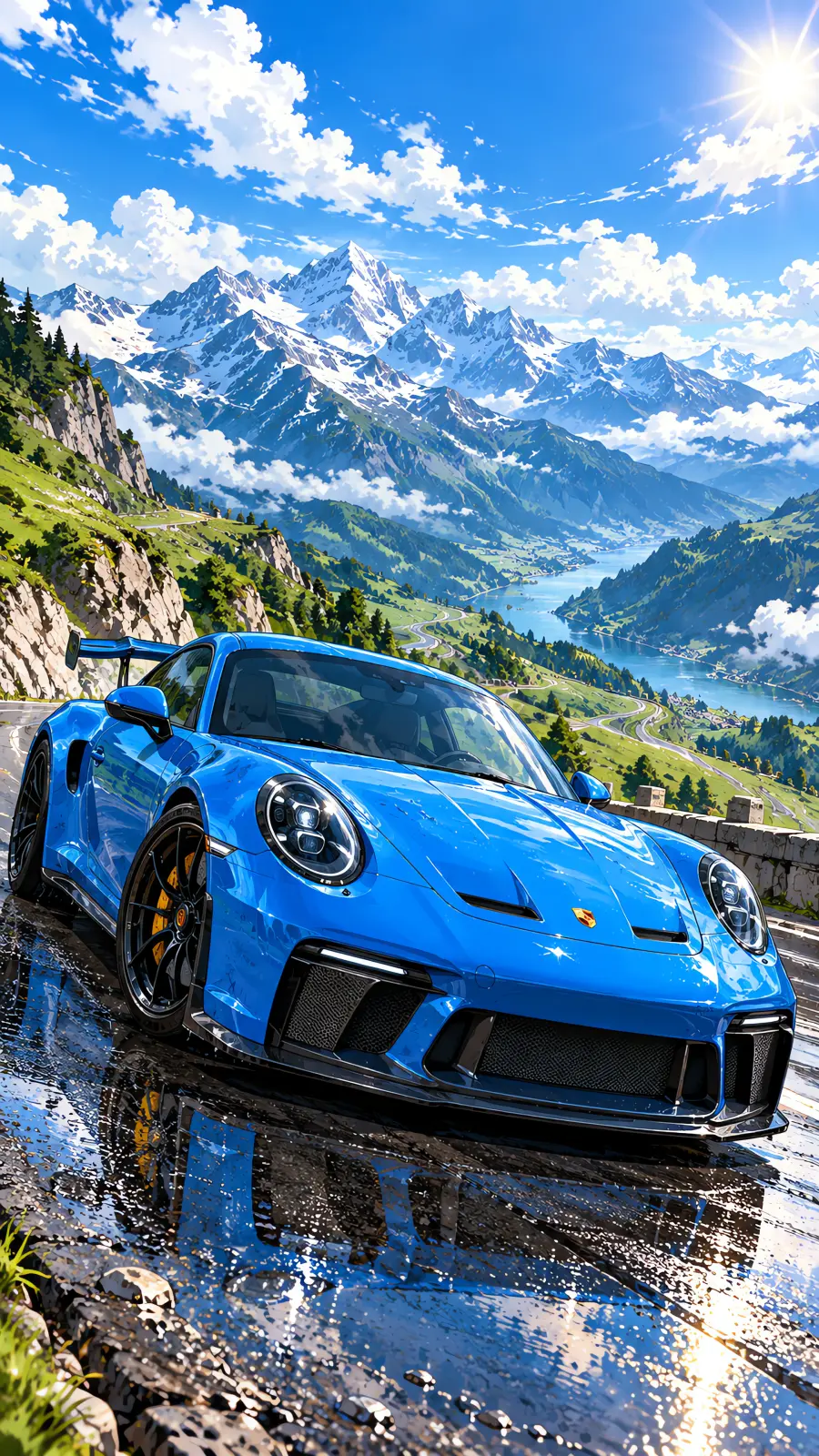 Anime illustration of a blue Porsche 911 GT3 on a wet alpine mountain road with snowy peaks