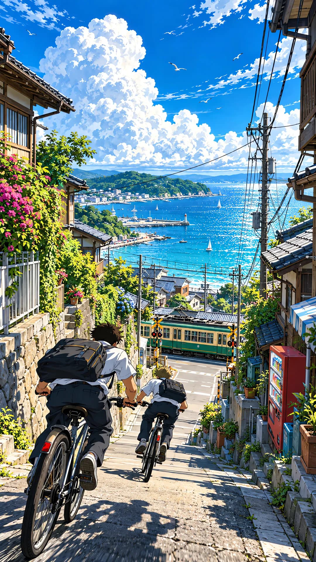 Anime illustration of a green retro tram on a sloping seaside street with two boys cycling downhill