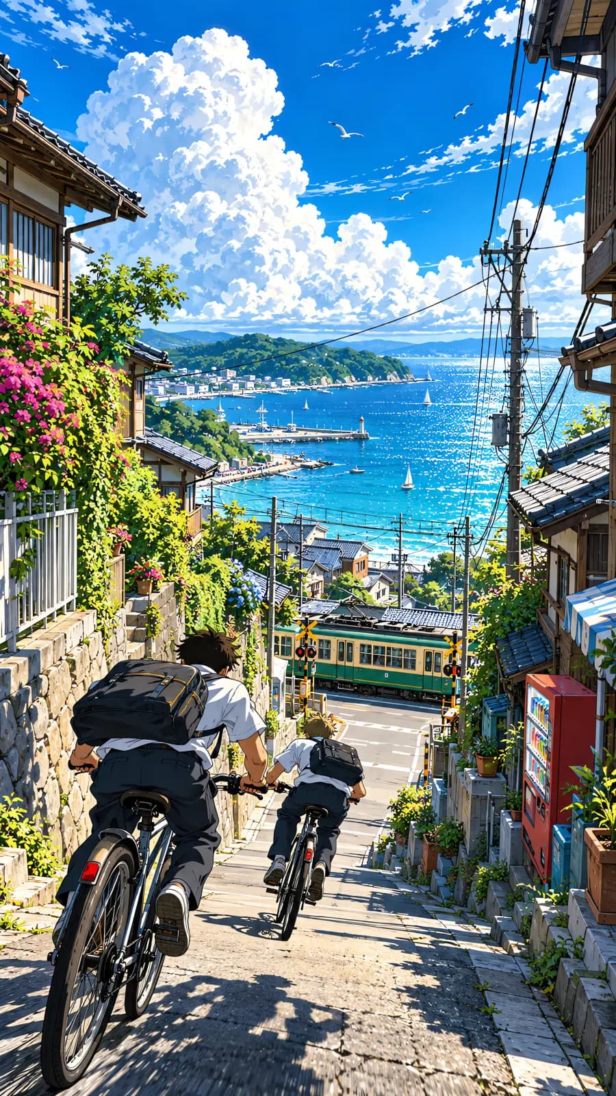 Anime illustration of a green retro tram on a sloping seaside street with two boys cycling downhill