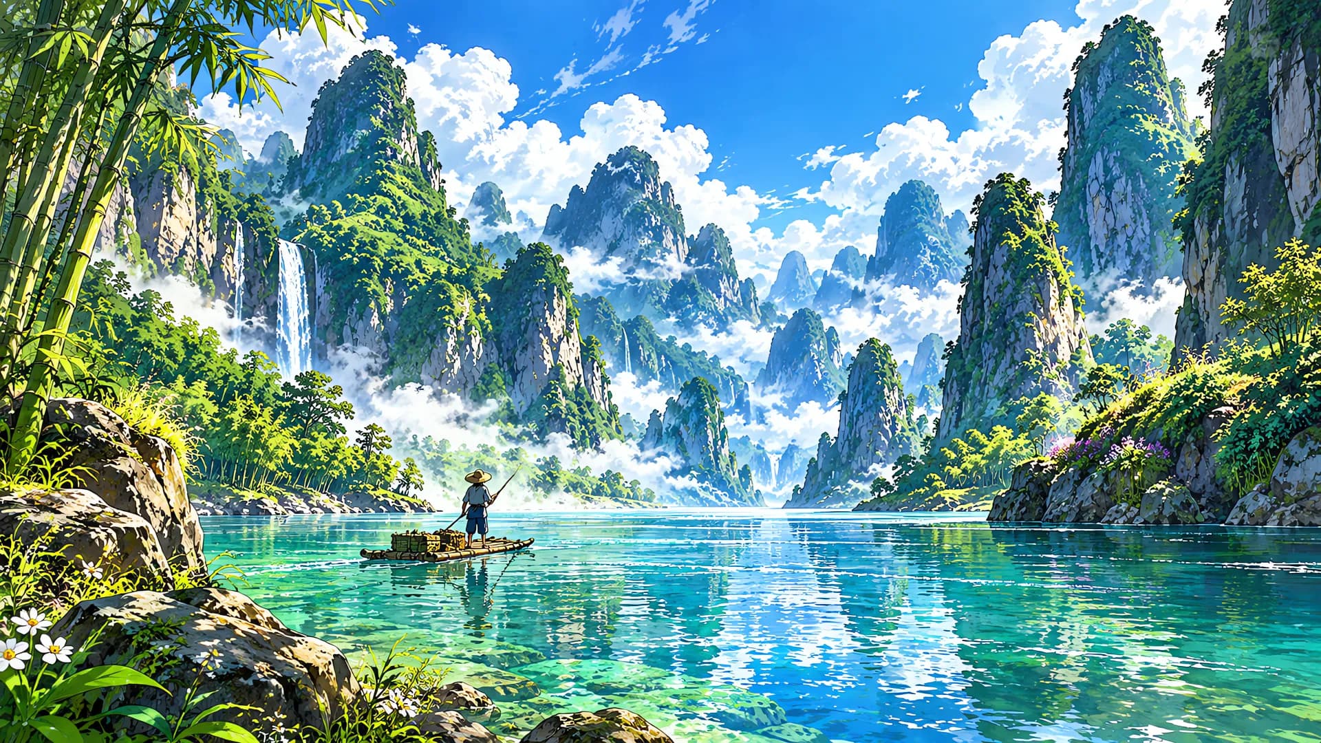 Anime illustration of green karst peaks around a turquoise river with a boy poling a bamboo raft