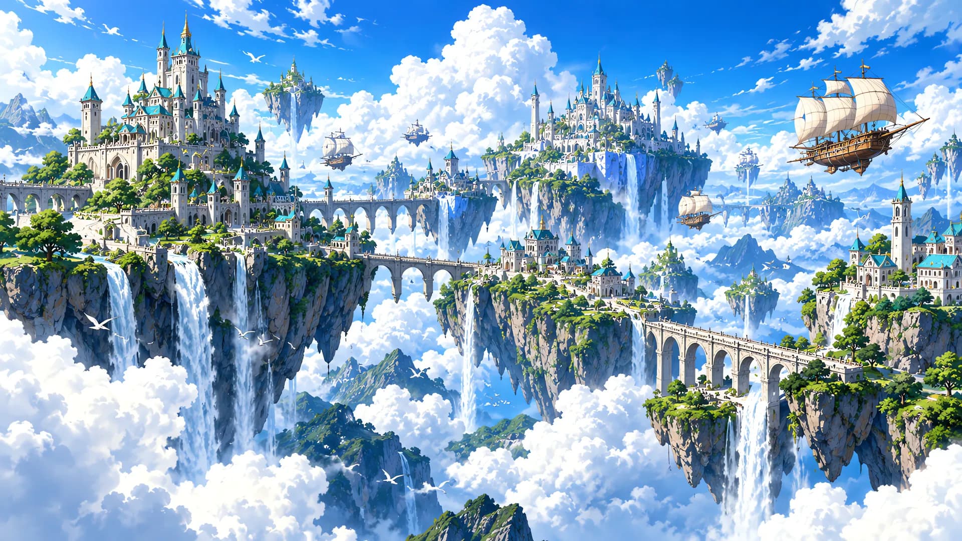 Anime illustration of white castles with turquoise roofs on floating sky islands with airships