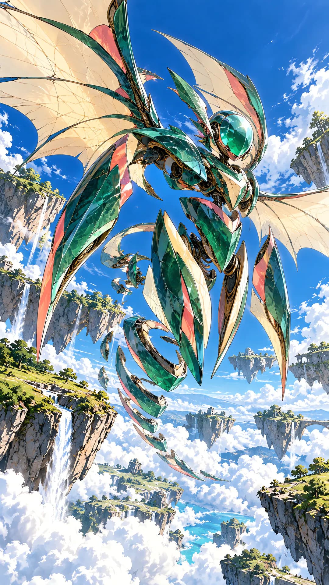 Anime phone wallpaper of a jade-green crystal mecha with cream sail wings gliding over floating sky islands and clouds
