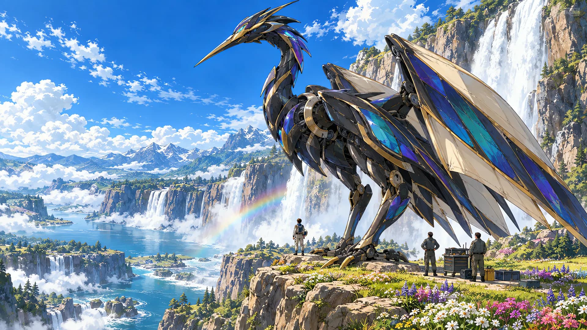 Anime desktop wallpaper of an obsidian-black crane mecha on a flowery cliff beside huge waterfalls, a rainbow, and its crew