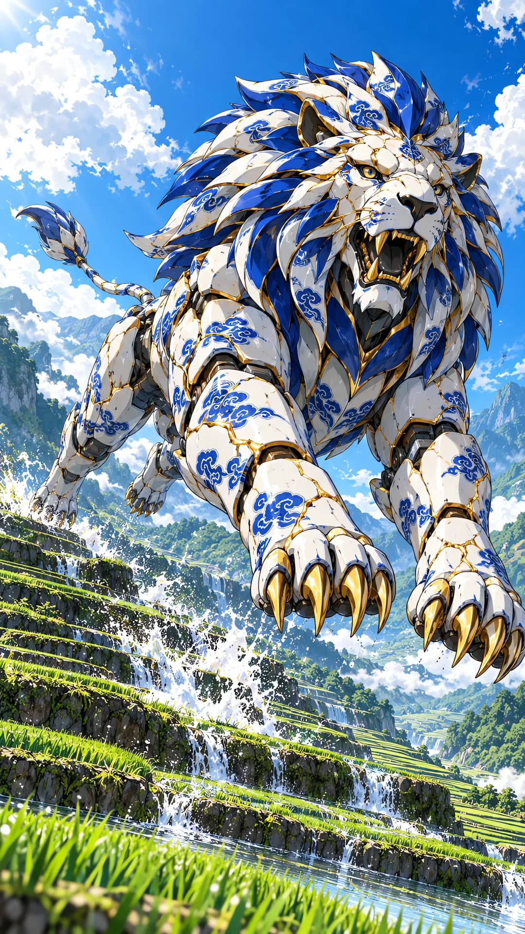 White porcelain lion mecha with blue cloud patterns and gold claws leaping over green rice terraces