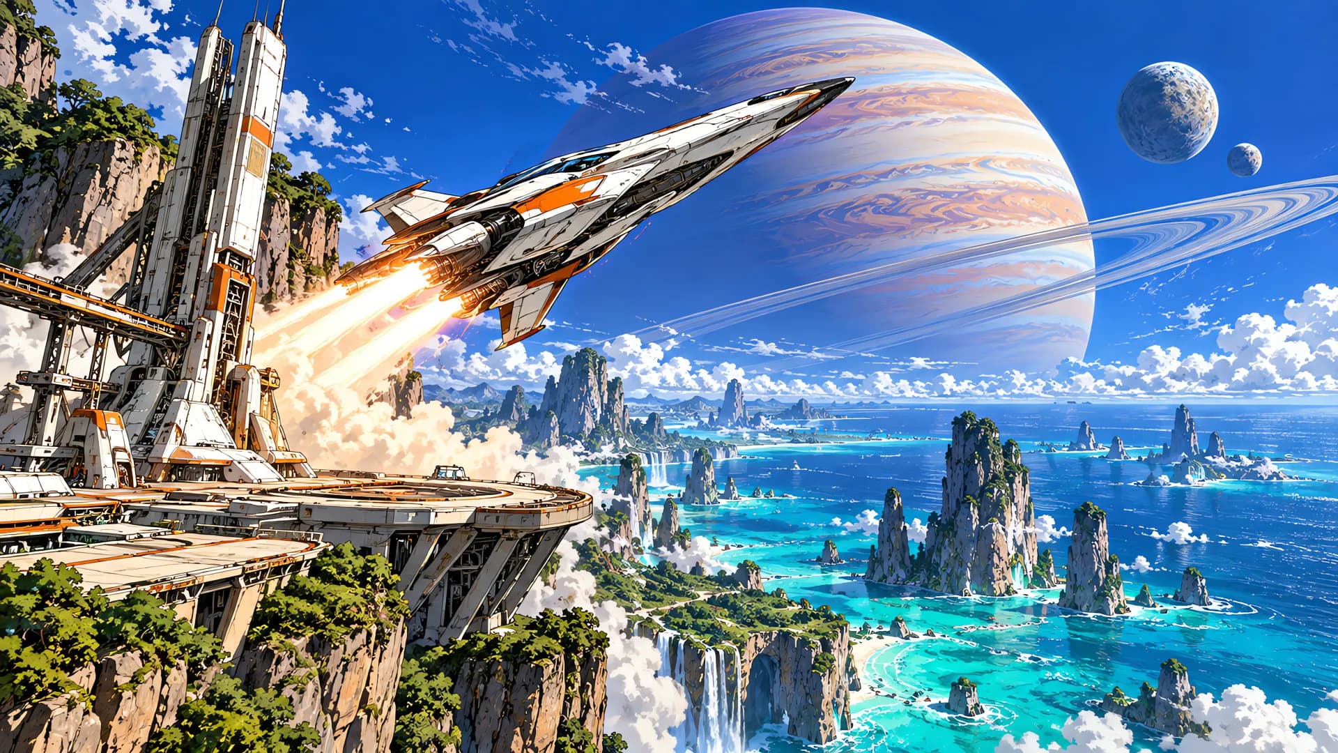 Anime illustration of a white and orange starship launching from a cliff spaceport under a ringed planet