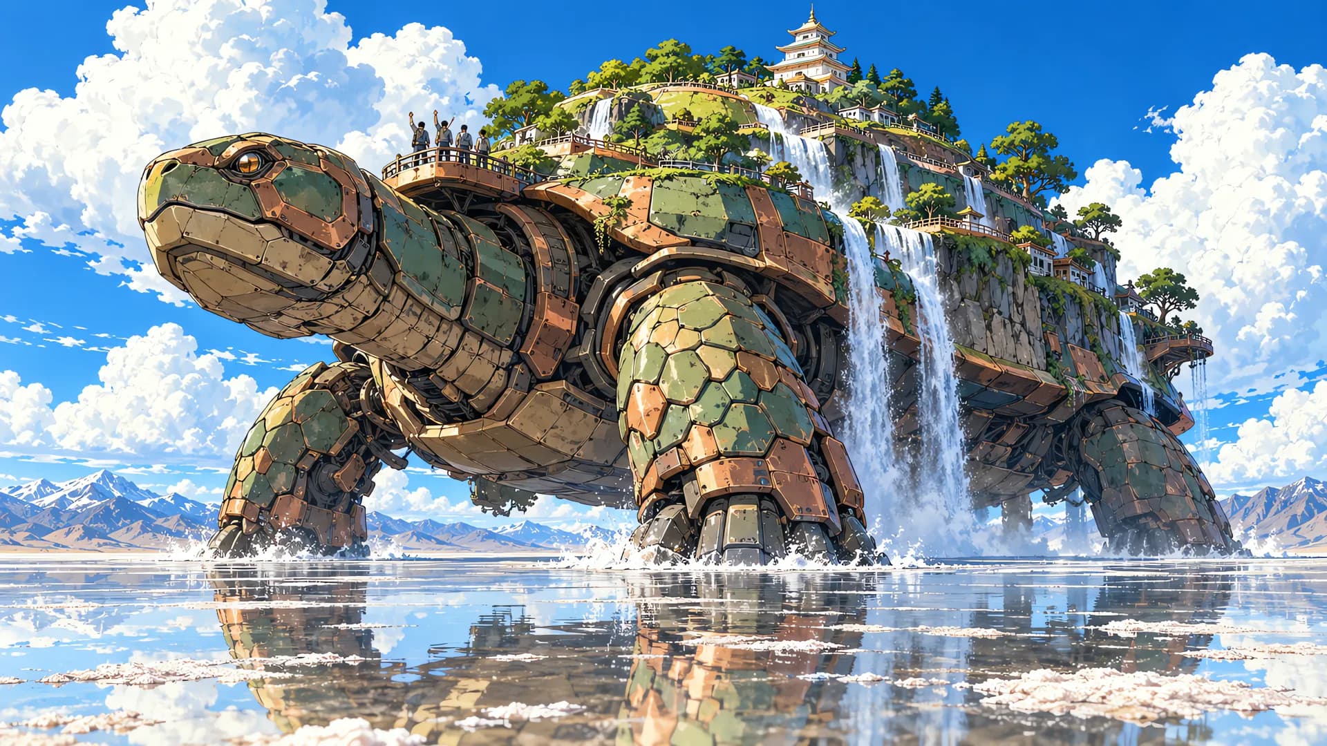 Giant tortoise-shaped mecha with a garden, pagoda and waterfalls on its shell walking across a mirror salt flat